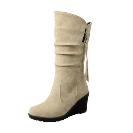 GWAABD Extra Wide Calf Boots 2022 Ladies Fashion Casual Wedge Heel Frosted Side Zipper Decorative Round Toe Plush Medium Boots