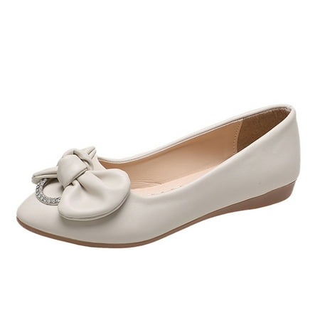 GWAABD Walking Shoes Women Ladies Fashion Solid Color Leather Bow Rhinestone Decorative Flat Casual Shoes