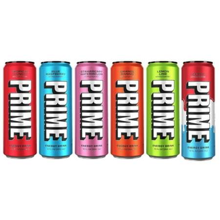 Prime Hydration Drink Energy Cans 6 Flavor Variety Sampler Pack - 200mg Caffeine  Zero Sugar  300mg Electrolytes  Vegan - 12 Fl Oz Cans
