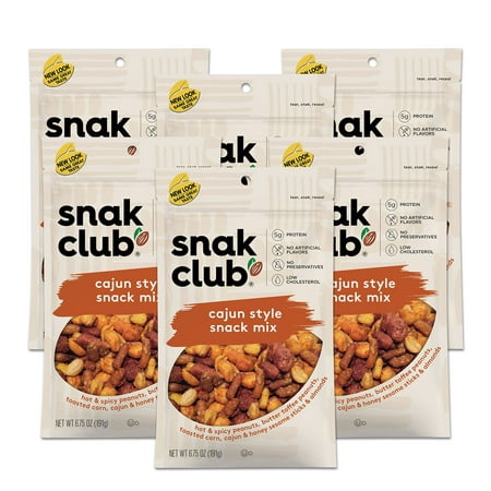 Snak Club All Natural Cajun Style Snack Mix  Individual Snacks for Lunch or School  Peanuts  Corn  Sesame Sticks & Almonds Mix  6.75-Ounces (Pack of 6