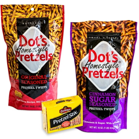 Dot S Cinnamon Sugar Pretzels - Variety Pack - Bachman Pretzel Stix - Dot S Homemade Original Seasoned Pretzel Stix - 3 Packs Total