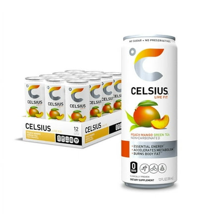 CELSIUS Peach Mango Green Tea  Functional Essential Energy Drink 12 Fl Oz (Pack of 12)