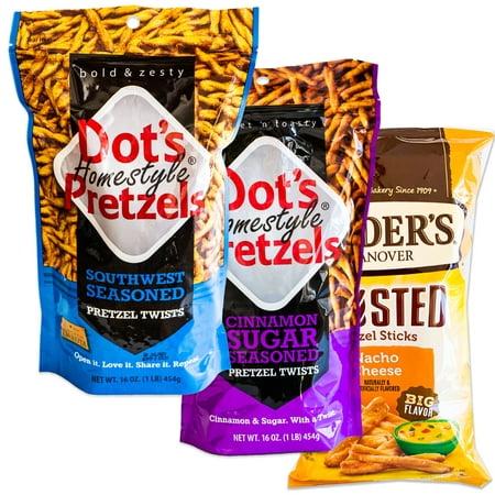 Dot S Cinnamon Sugar Pretzels - Variety Pack - Southwest Flavored Sticks - Snyder S Nacho Cheese Twists - 3 Bags