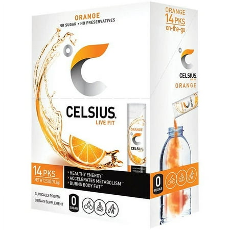 2 Box Pack CELSIUS on-the-Go Essential Energy Powder Packs  Orange (28 Sticks Total)