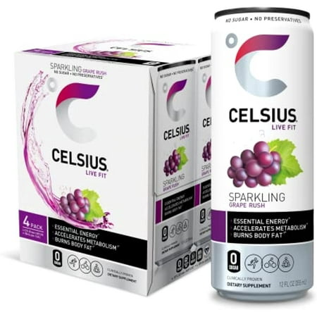 Celsius Essential Energy Drink  Sparkling Grape Rush 12 Fl Oz (Pack of 4)