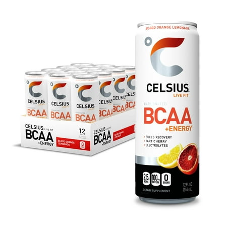 CELSIUS BCAA +Energy Sparkling Post-Workout Recovery & Hydration Drink  Slim Can  Blood Orange Lemonade  12oz (Pack of 12)  144 Fl Oz