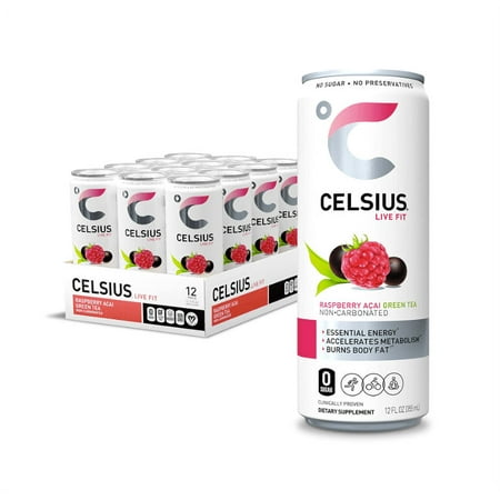 CELSIUS Raspberry Acai Green Tea  Functional Essential Energy Drink 12 Fl Oz (Pack of 12)