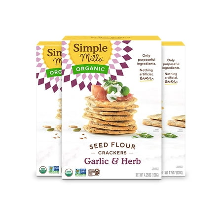 Simple Mills Organic Seed Crackers  Garlic & Herb - Gluten Free  Vegan  Healthy Snacks  Paleo Friendly  4.25 Ounce (Pack of 3)