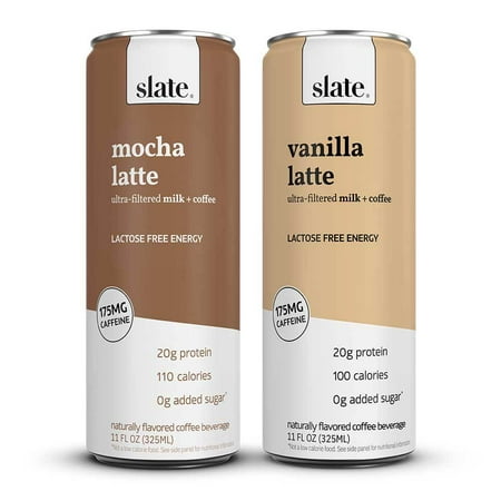 Slate Milk - High Protein Latte Shake  Energy Variety Pack  Mocha Latte  Vanilla Latte  20g Protein  0g Added Sugar  175mg Caffeine  Lactose Free  Ket