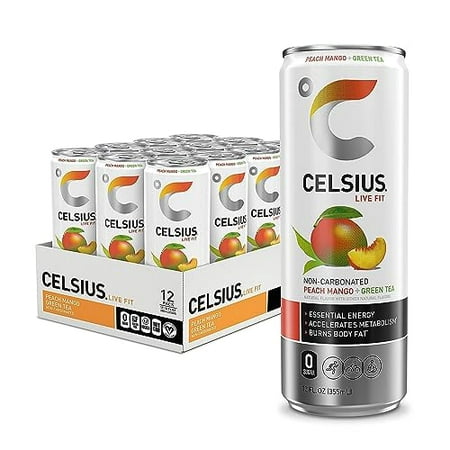 CELSIUS Peach Mango Green Tea  Functional Essential Energy Drink 12 Fl Oz (Pack of 12)