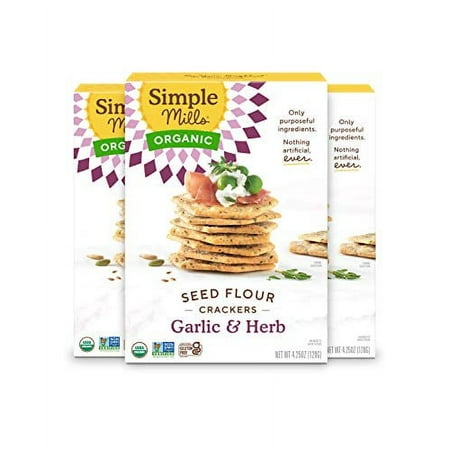 Simple Mills Organic Seed Crackers  Garlic & Herb - Gluten Free  Vegan  Healthy Snacks  Paleo Friendly  4.25 Ounce (Pack of 3)