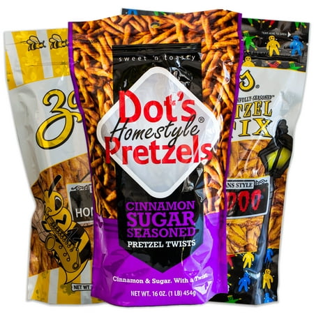 Dot S Cinnamon Sugar Pretzels - Variety Pack - Zapp S Jazzy Honey Mustard - Voodoo Pretzel Stix - 3  16oz Packs