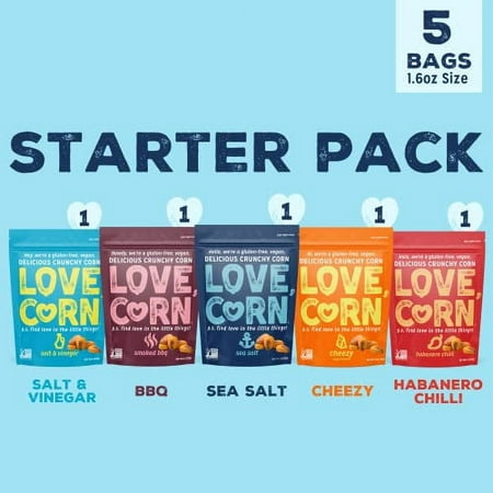 LOVE CORN Sea Salt  BBQ  Salt & Vinegar  Habanero Delicious Crunchy Natural Corn Starter Snack Pack | 1.6oz  5 Bags (1 Bag per Flavor) | Non-GMO  Glut