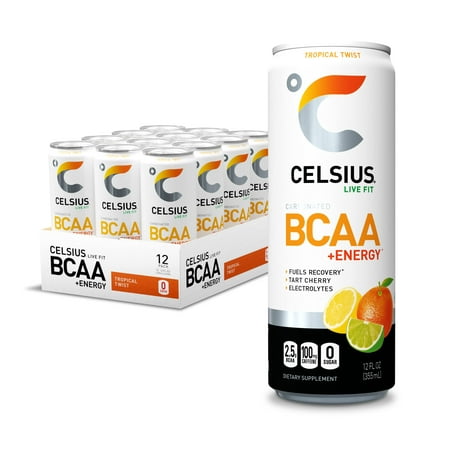 CELSIUS BCAA +Energy Sparkling Post-Workout Recovery & Hydration Drink  Tropical Twist  144 Fl Oz (Pack of 12)