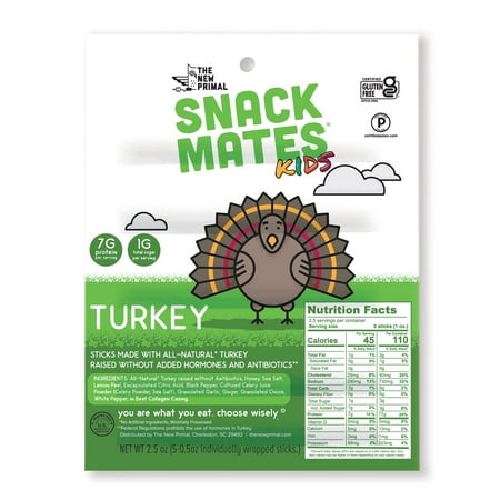 Snack Mates by the New Primal  Turkey Stick  All-Natural Turkey  High Protein and Low Sugar Kids Snack  Certified Paleo  Certified Gluten-Free  Lunchb