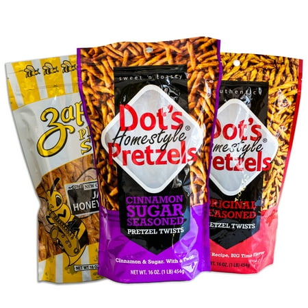 Dot S Cinnamon Sugar Pretzels - Variety Pack - Zapp S Jazzy Honey Mustard Pretzel Stix - Dot S Homemade Original Seasoned Pretzel Stix - 3  16oz Bags 