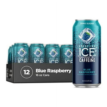 Sparkling Ice +Caffeine Blue Raspberry Sparkling Water  with Antioxidants and Vitamins  Zero Sugar  16 Fl Oz (Pack of 12)