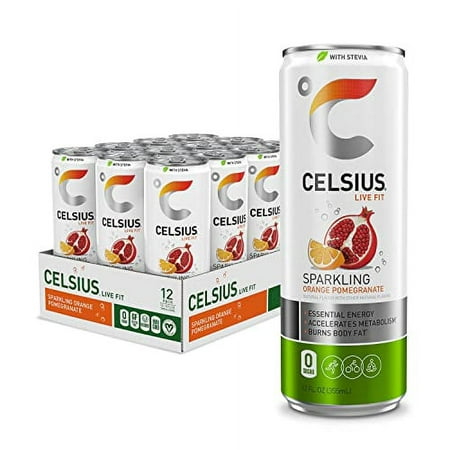 CELSIUS Sweetened with Stevia Sparkling Fitness Drink  Zero Sugar  Slim Can  Orange Pomegranate  144 Fl Oz (Pack of 12)