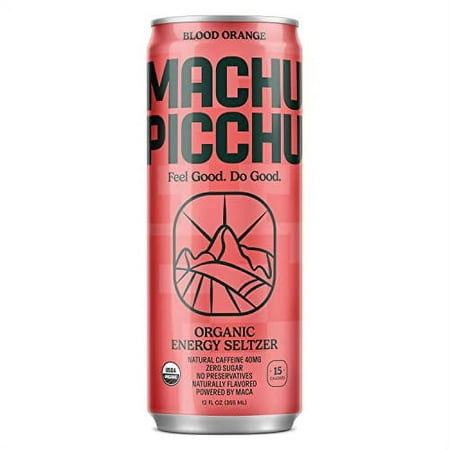 MACHU PICCHU Organic Energy Drink Seltzers Sugar Free  Blood Orange Flavor Pack  12 Fl Oz (Pack of 12) Organic Caffeine Energy Drink  No Preservatives