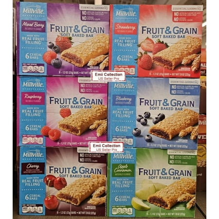 Millville Fruit & Grain Soft Baked Bar 6 Flavors Mixed Berry  Raspberry  Cherry  Strawberry  Blueberry  Apple Cinnamon  6 Cereal Bars  7.8oz 222g (6 B