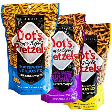 Dot S Cinnamon Sugar Pretzels - Pack - Dot S Southwest Flavored Sticks - Dot S Mustard - 3  16Oz Packs