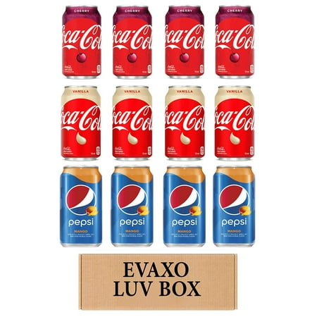 LUV BOX - Variety Soda Lovers 12 Oz. Pack of 12 Cans   Coca Cola Cherry   Coca-Cola Vanilla   Pepsi Mango .by Evaxo