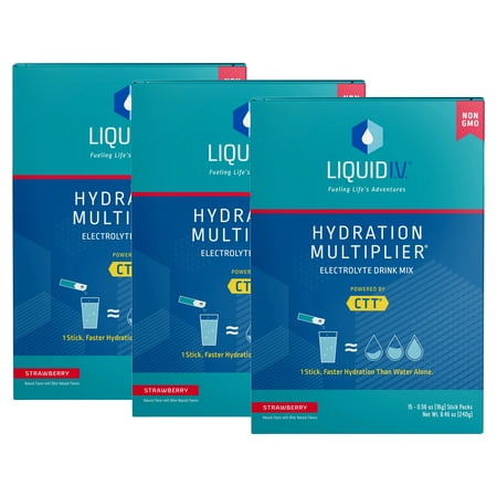 (3 Pack) Liquid I.V. Hydration Multiplier Electrolyte Powder Packet Drink Mix  Strawberry  15 Ct