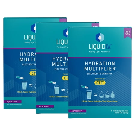 (3 Pack) Liquid I.V. Hydration Multiplier Electrolyte Powder Packet Drink Mix  Acai Berry  15 Ct