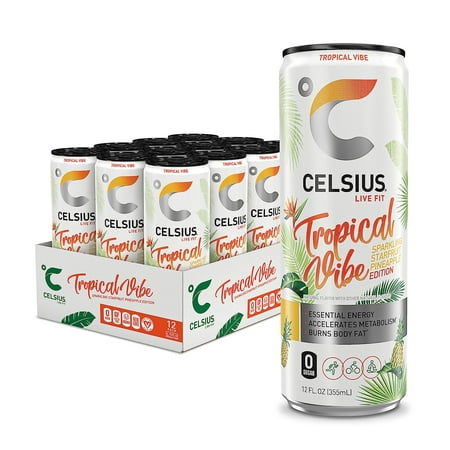 CELSIUS Sparkling Tropical Vibe  Functional Essential Energy Drink 12 Fl Oz (Pack of 12)
