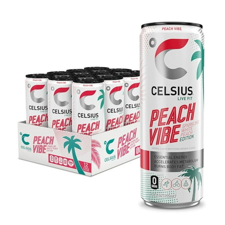 CELSIUS Sparkling Peach Vibe  Functional Essential Energy Drink 12 Fl Oz (Pack of 12)