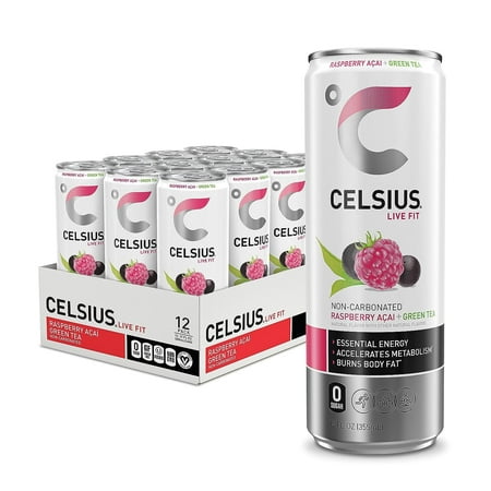 CELSIUS Raspberry Acai Green Tea  Functional Essential Energy Drink 12 Fl Oz (Pack of 12) Packaging May Vary