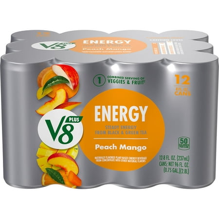 V8 +Energy Peach Mango Energy Drink  Made with Real Vegetable and Fruit Juices  8 Fl Oz Can (Pack of 12)