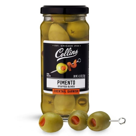 Collins Pimento Stuffed Olives - Gourmet Cocktail Olives - Spanish Queen Olives with Pimento Pepper  Dirty Martini Cocktail and Condiment Olives 4.5Oz