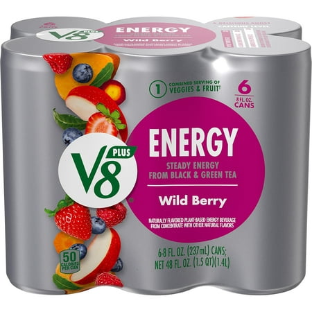Stay Energized with V8 +Energy Wild Berry Flavored Energy Drink 8 Fl Oz Can - Pack of 6