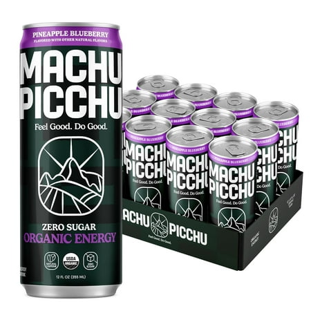 Organic Energy Drink Sugar Free  Pineapple Blueberry Flavor Pack  12 Fl Oz (Pack of 12) Organic Caffeine Energy Drink  No Preservatives