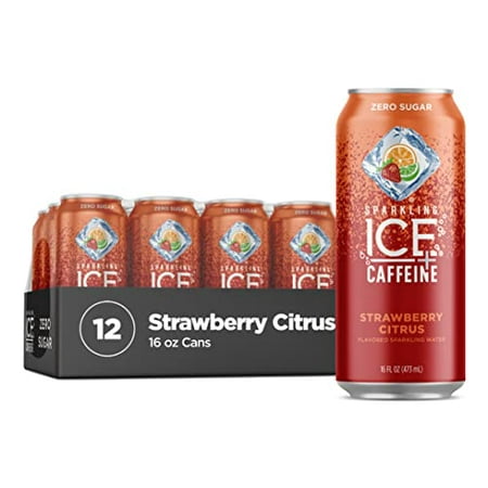 Sparkling Ice +Caffeine Strawberry Citrus Sparkling Water  with Antioxidants and Vitamins  Zero Sugar  16 Fl Oz Cans (Pack of 12)