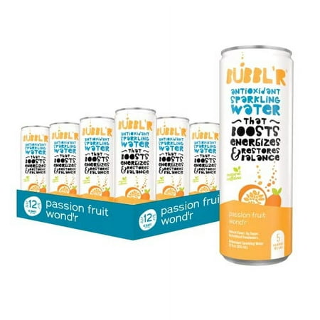 BUBBL R Passion Fruit Wond R  Antioxidant Sparkling Water with Natural Caffeine  0g Sugar  Gluten Free  All Natural Flavors  12 Fl Oz Cans  12 Count