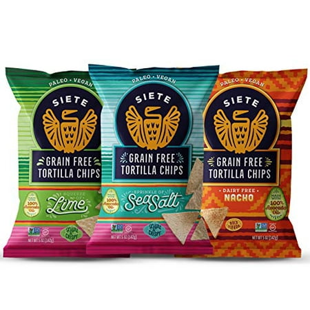 Siete Grain Free Tortilla Chips | Gluten Free Chips | Paleo & Vegan Snacks | Non GMO | Variety Pack  Lime  Sea Salt  Nacho  5 Ounce (Pack of 6)