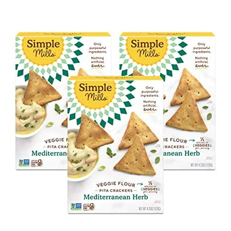 Simple Mills Veggie Pita Crackers  Mediterranean Herb - Gluten Free  Vegan  Healthy Snacks  Paleo Friendly  4.25 Ounce (Pack of 3)