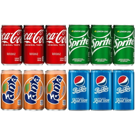 24 Cans of Variety Soda  4 Flavors  6 Coke Classic  6 Pepsi Real Sugar  6 Sprite  6 Fanta Orange  7.5 Fl Oz