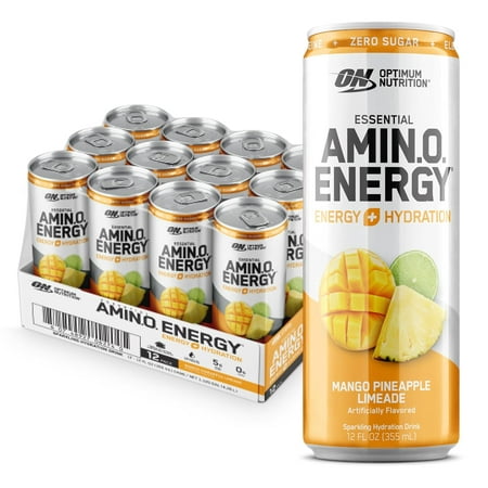 Amino Energy Sparkling Hydration Drink  Electrolytes  Caffeine  Amino Acids  BCAAs  Sugar Free  Mango Pineapple Limeade  12 Fl Oz  12 Pack (Packaging 