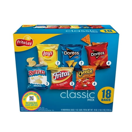 Frito-Lay Snacks Classic Mix Chips Variety Pack  Doritos  Lay S Ruffles  Cheetos  Fritos  18 Count(Pack of 1) (Assortment May Vary)