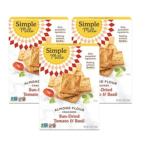 Simple Mills Almond Flour Crackers  Sundried Tomato & Basil - Gluten Free  Vegan  Healthy Snacks  Plant Based  4.25 Ounce (Pack of 3)
