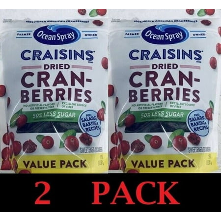 2x Ocean Spray ORIGINAL Craisins Dried Cranberries 50% LESS SUGAR 20oz VALUE PK