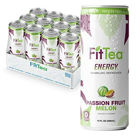 FitTea Healthy Energy Drink 12 Fl Oz - Passionfruit Melon Sparkling Refresher (12 Pack) Natural Green Tea Energy Drinks Sugar Free