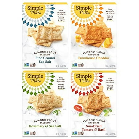 Simple Mills Almond Flour Crackers  Variety Pack (Fine Ground Sea Salt  Rosemary & Sea Salt  Farmhouse Cheddar  and Sun-Dried Tomato & Basil) - Gluten