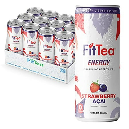 FitTea Healthy Energy Drink 12 Fl Oz - Strawberry aÃ§ai Sparkling Refresher (12 Pack) Natural Green Tea Energy Drinks Sugar Free