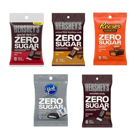 Zero Sugar Hershey Variety Pack - Pack of 5 - Caramel Filled  Chocolates  Special Dark  Peppermint Patties  Peanut Butter Cups - 3 Oz Bags - Perfect S