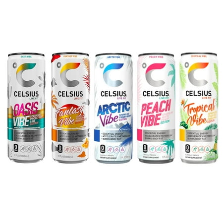 CELSIUS Sparkling Energy Drink - 12 Fl Oz (Pack of 12) - Variety Pack (Oasis Vibe  Fantasy Vibe  Peach Vibe  Arctic Vibe  Tropical Vibe) Available Kin