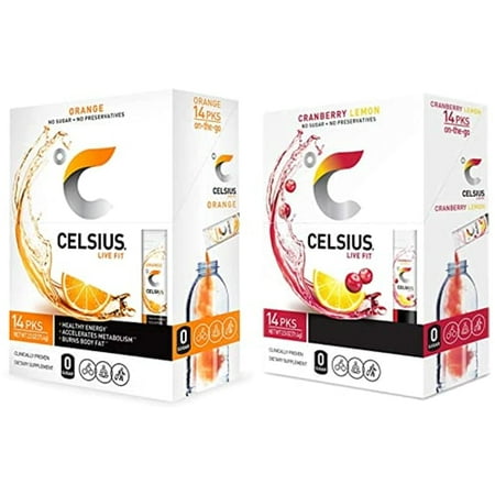 Celsius on-the-Go Powder Stick  Combo Pack of Orange and Cranberry Lemon  14 Pieces Assortment